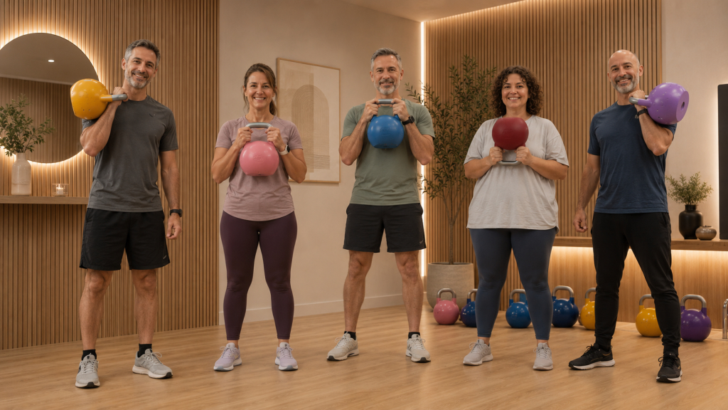 Grupo reducido de ejercicio terapéutico para mejorar fuerza, equilibrio y movilidad.
