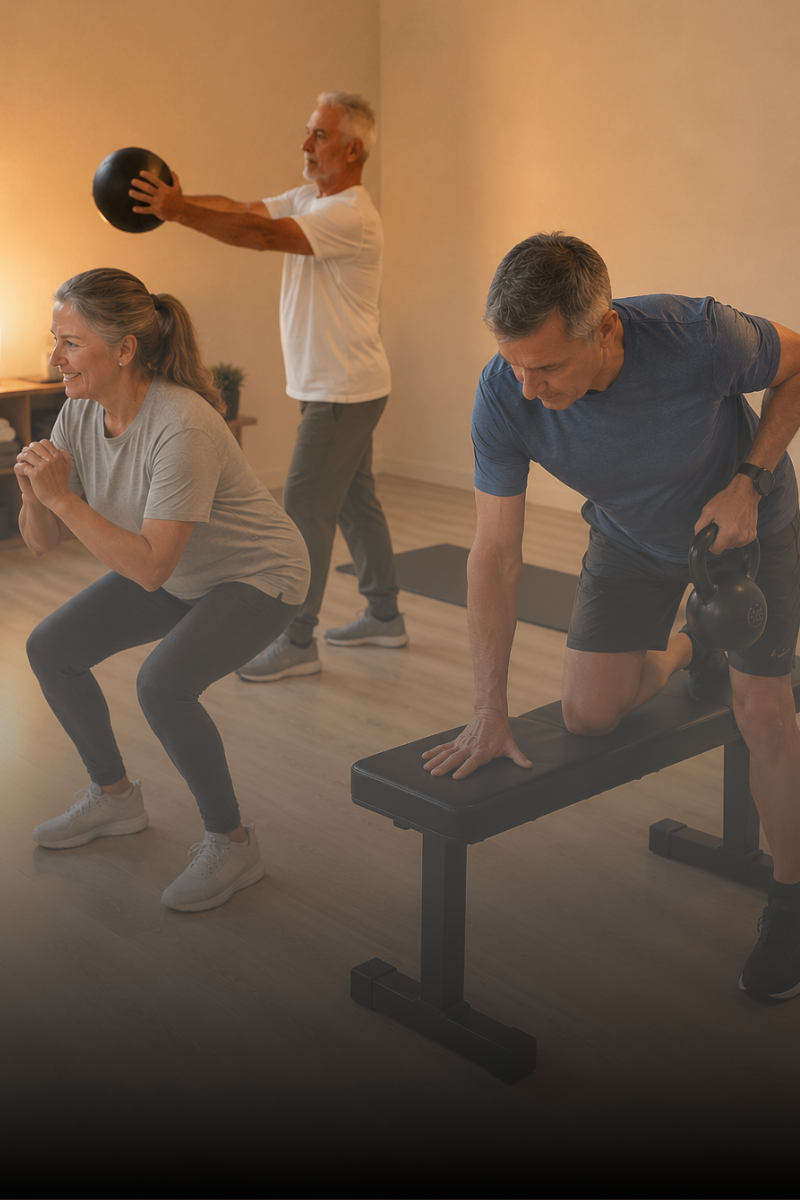 grupo reducido de personas haciendo un entrenamiento funcional terapeutico para prevenir la osteoporisis en son rapinya